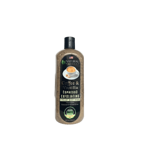 Natural Wunderz Coffee & Vanilla Espresso Exfoliating Creamy Body Wash—moisturizing cleanser with coffee grounds for smooth, glowing skin.