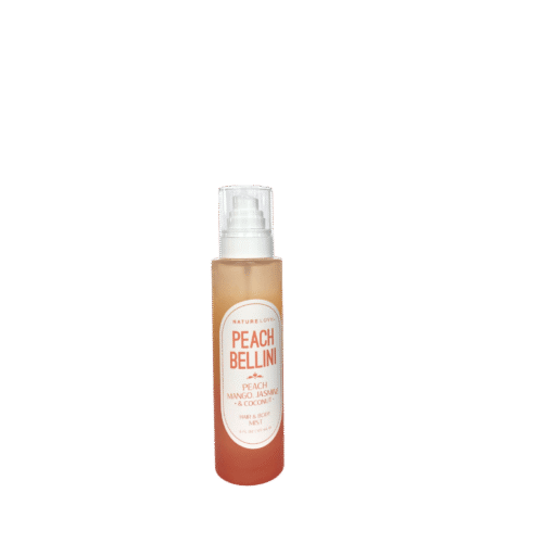 Nature Love Peach Bellini Hair & Body Mist with peach, mango, jasmine, and coconut scent