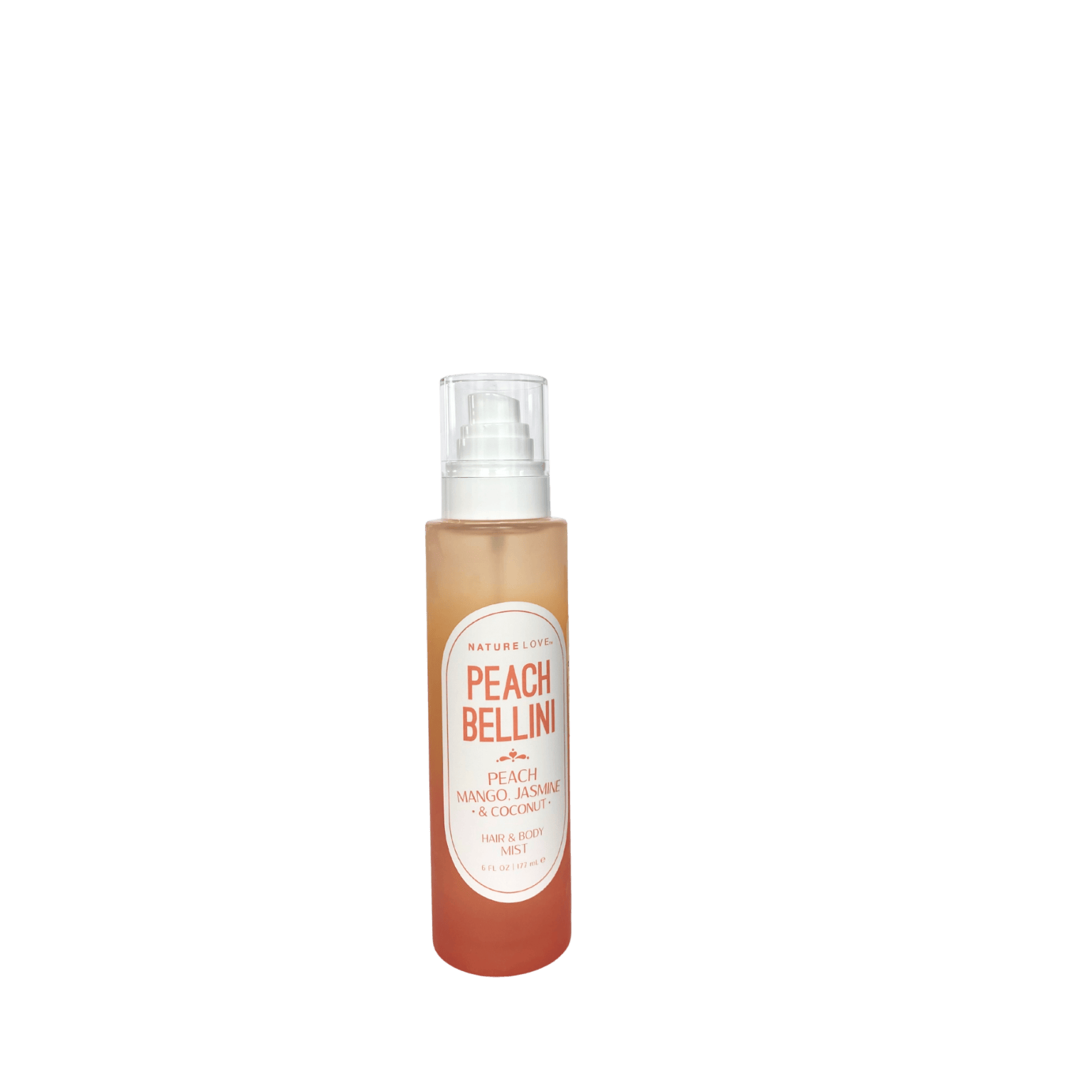 Nature Love Peach Bellini Hair & Body Mist with peach, mango, jasmine, and coconut scent