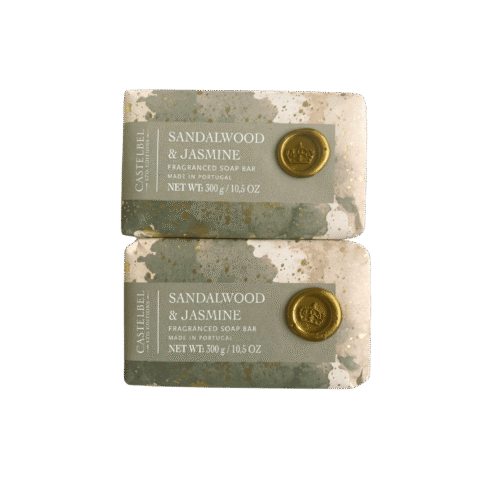 Two-pack of Castelbel Sandalwood & Jasmine Soap bars, elegantly wrapped with floral and wood-toned design, made in Portugal.