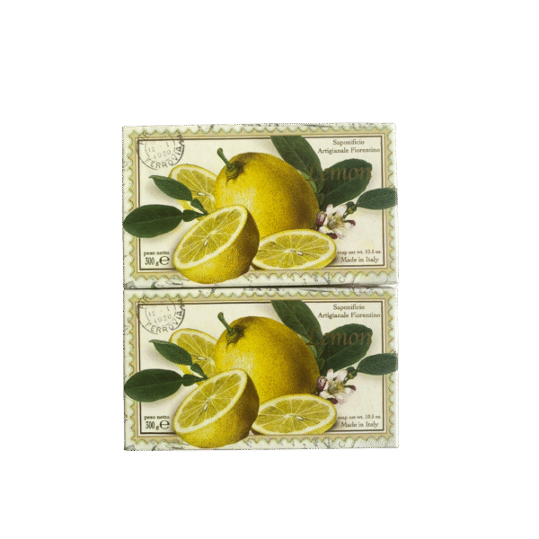 Two lemon-scented Saponificio Artigianale Fiorentino bar soaps with Italian-inspired packaging, placed on a clean bathroom surface.