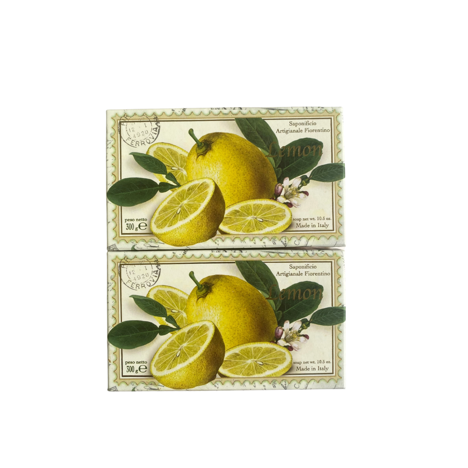 Two lemon-scented Saponificio Artigianale Fiorentino bar soaps with Italian-inspired packaging, placed on a clean bathroom surface.