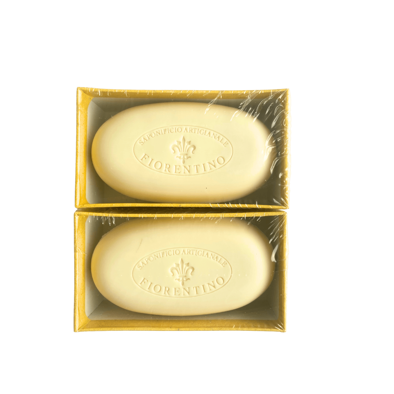 Two lemon-scented Saponificio Artigianale Fiorentino bar soaps with Italian-inspired packaging, placed on a clean bathroom surface.
