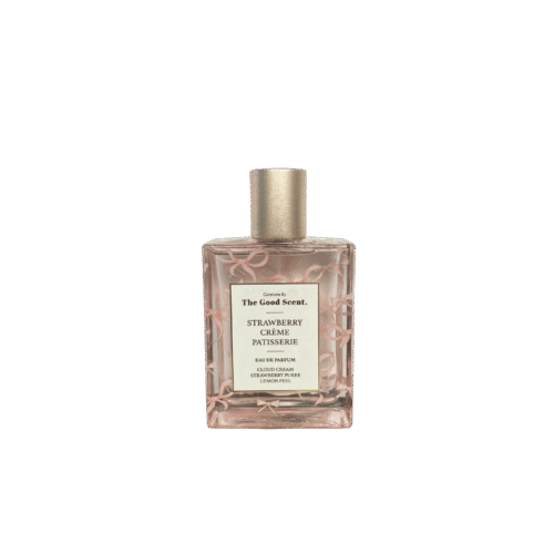 Strawberry Crème Patisserie Eau De Parfum by Curations – pink bottle with strawberries and pastries in background