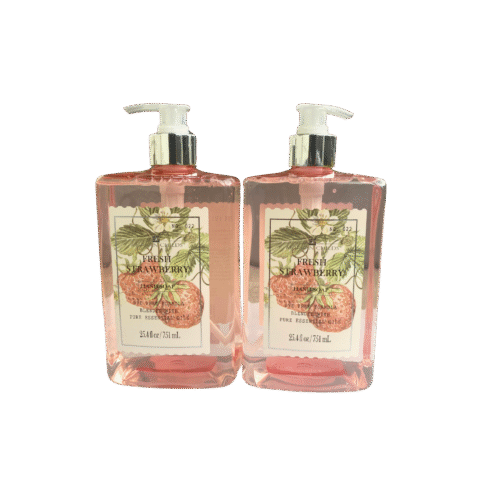 Bottle of Morgan Childs Fresh Strawberry Hand Soap with essential oils and a strawberry-themed label on a clean white background.