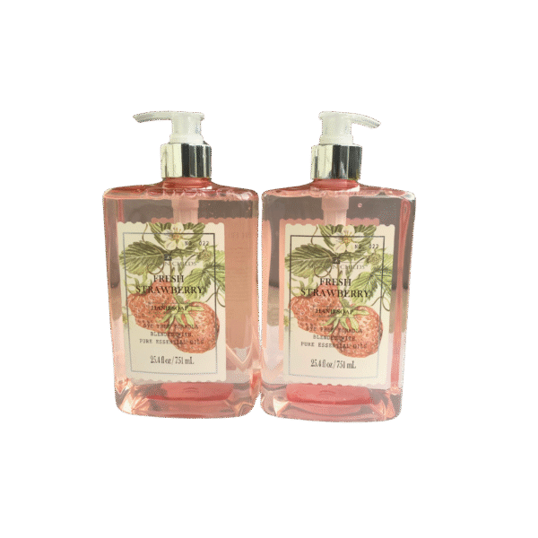 Strawberry Hand Soap Website Bottle of Morgan Childs Fresh Strawberry Hand Soap with essential oils and a strawberry-themed label on a clean white background.