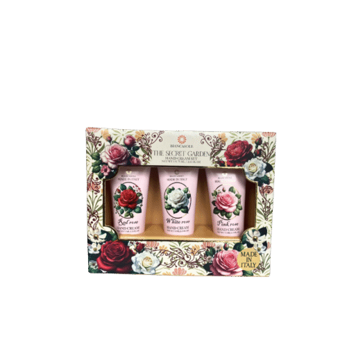 The Secret Garden Hand Cream Set featuring Red Rose, White Rose, and Pink Rose tubes in elegant floral packaging, made in Italy.