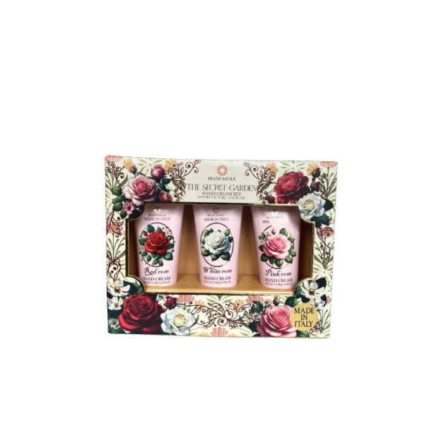 The Secret Garden Hand Cream Set featuring Red Rose, White Rose, and Pink Rose tubes in elegant floral packaging, made in Italy.