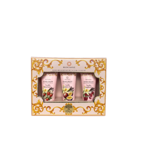 Vanilla Hand Cream Set with three fruity scents—Vanilla Strawberry, Vanilla Passion Fruit, and Vanilla Raspberry—beautifully packaged, made in Italy.