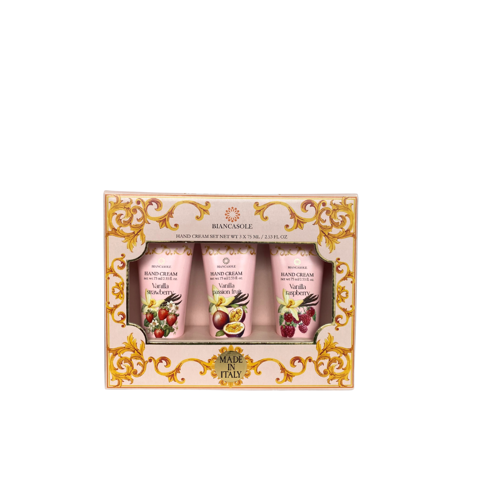 Vanilla Hand Cream Set with three fruity scents—Vanilla Strawberry, Vanilla Passion Fruit, and Vanilla Raspberry—beautifully packaged, made in Italy.