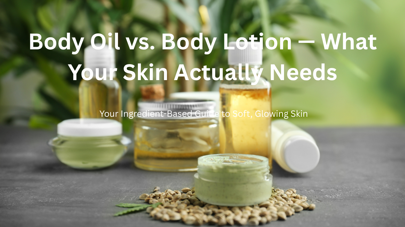 Flat lay of body oil and body lotion bottles on soft linen with green leaves and water droplets — symbolizing hydration and moisture for glowing skin.