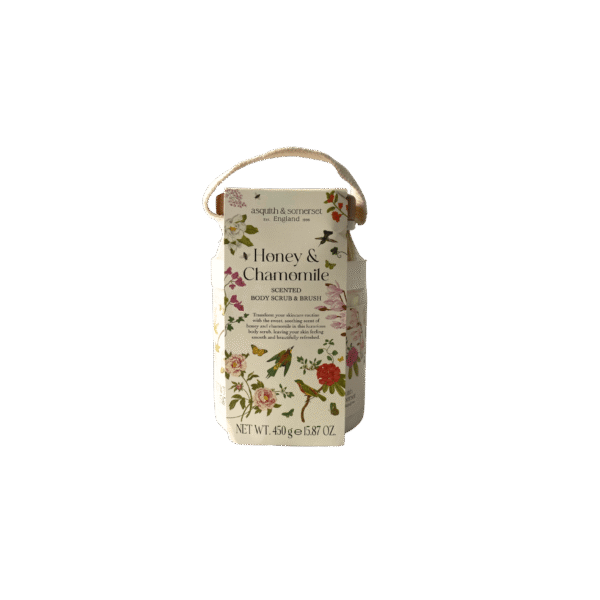 Asquith & Somerset Honey & Chamomile Body Scrub jar with wooden exfoliating brush.