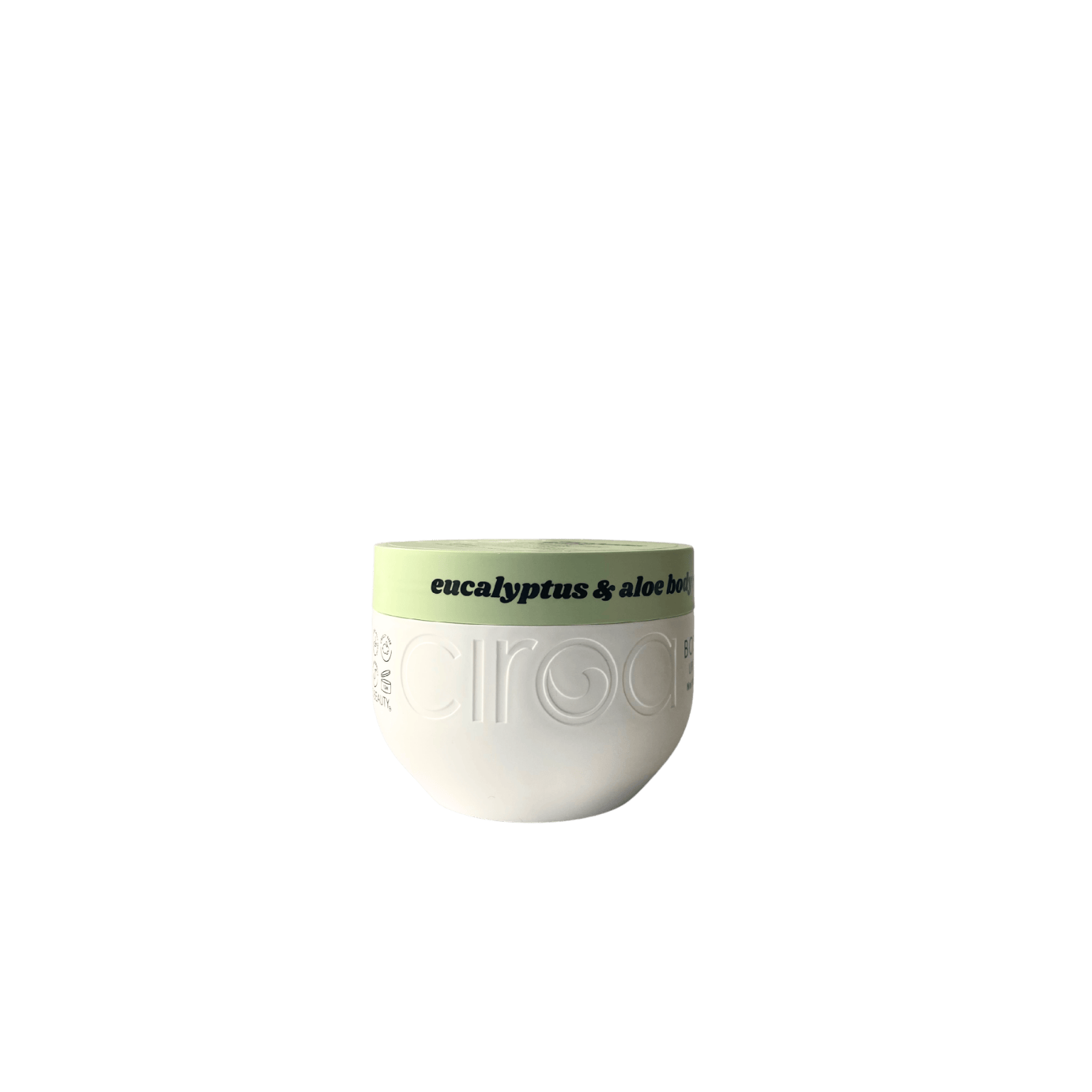 Ciroa Eucalyptus & Aloe Body Butter jar with creamy texture, featuring natural ingredients like shea butter and aloe vera on a clean spa-inspired background.