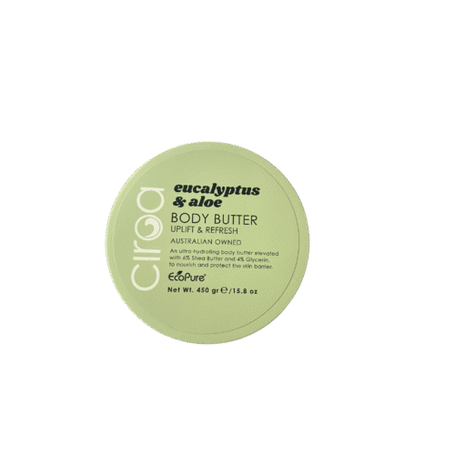 Ciroa Eucalyptus & Aloe Body Butter jar with creamy texture, featuring natural ingredients like shea butter and aloe vera on a clean spa-inspired background.
