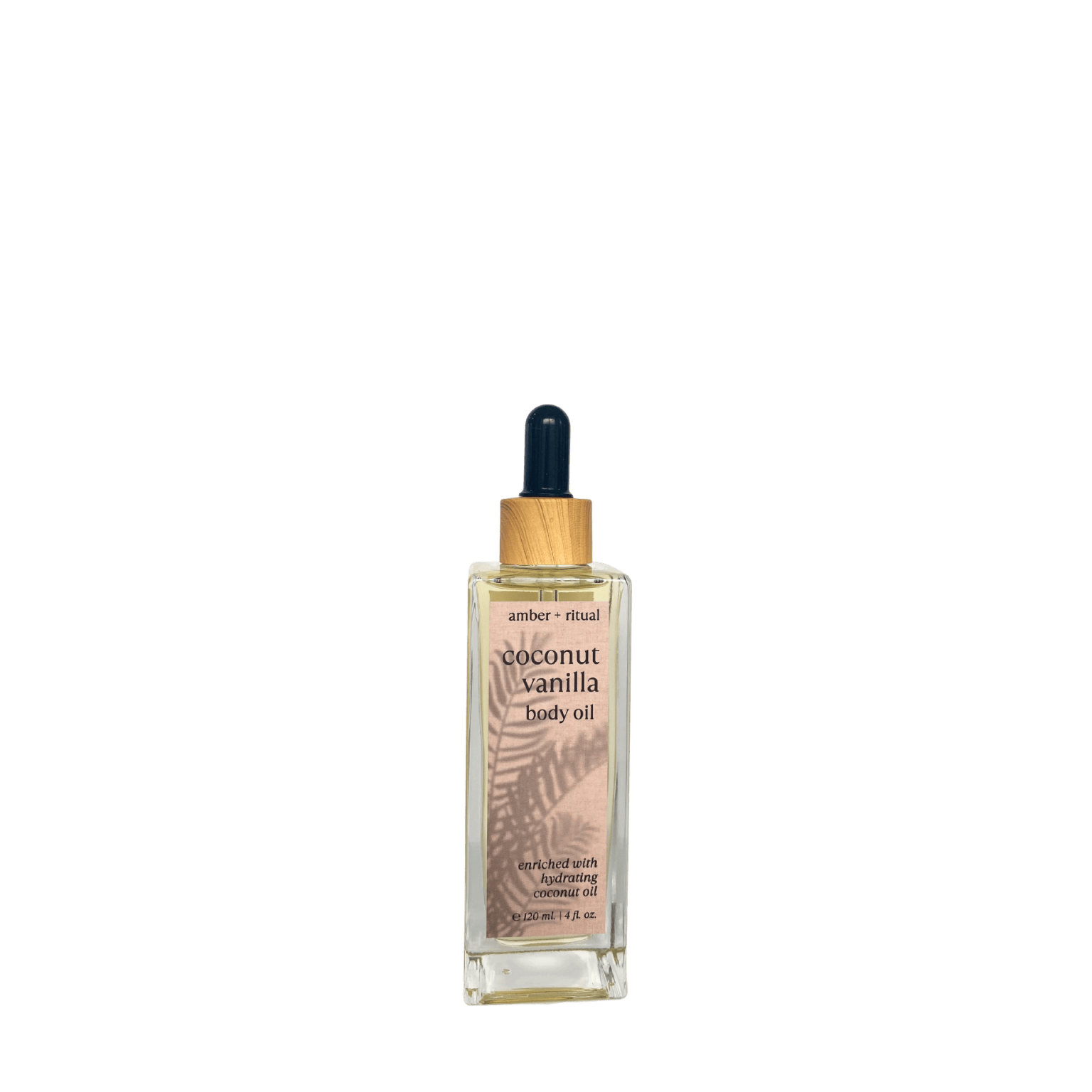 Amber + Ritual Coconut Vanilla Body Oil bottle—hydrating skin oil with coconut and vanilla for a radiant, soft, and nourished glow.