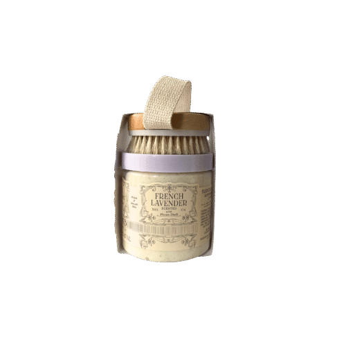 A jar of Asquith & Somerset French Lavender Body Scrub with crushed pecan shell,