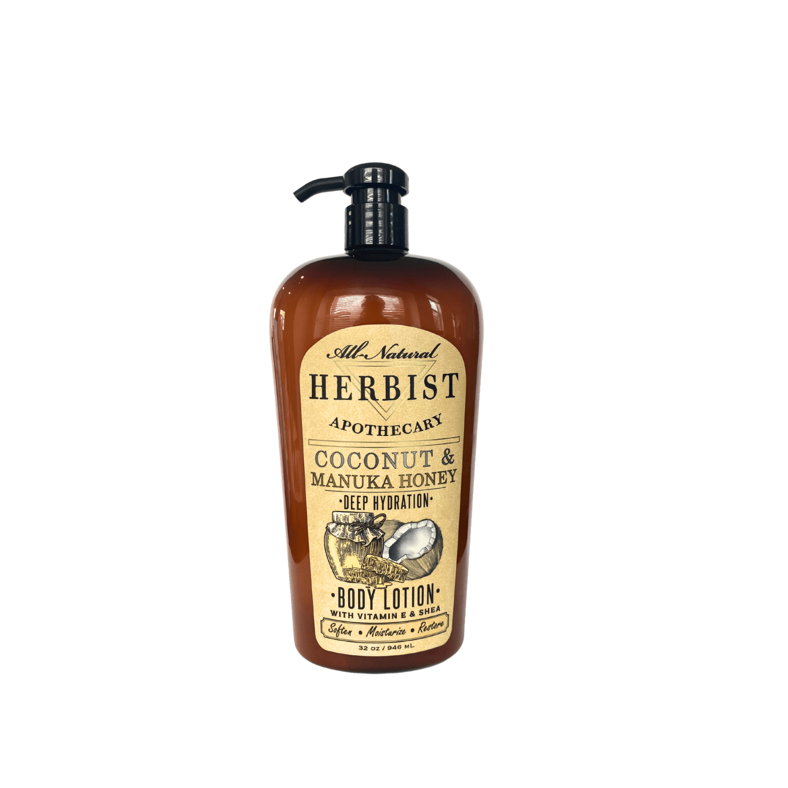 Herbist Apothecary Coconut & Manuka Honey Body Lotion—natural skin moisturizer with shea butter, vitamin E, and soothing honey.