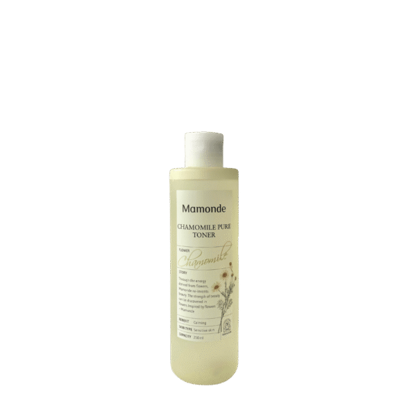 Mamonde Chamomile Pure toner Website A 250ml bottle of Mamonde Chamomile Pure Toner standing on a clean white surface with chamomile flowers and petals scattered around it.