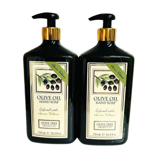 Two bottles of Olive Oil Hand Soap with Lemon Verbena on a clean bathroom counter