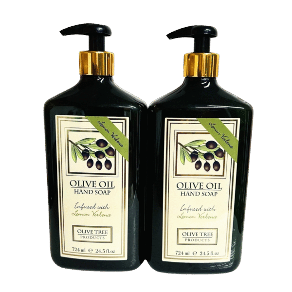 Two bottles of Olive Oil Hand Soap with Lemon Verbena on a clean bathroom counter