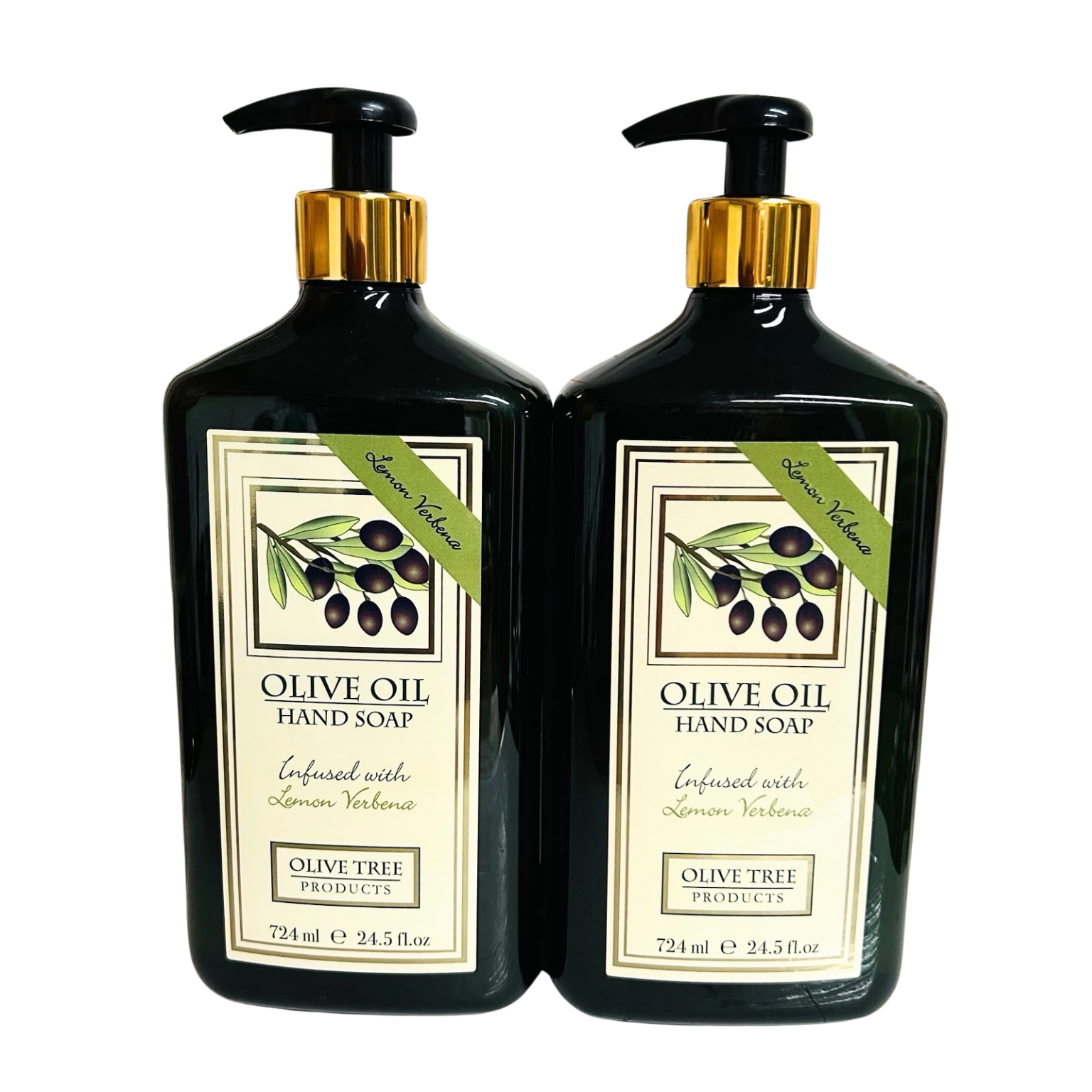 Two bottles of Olive Oil Hand Soap with Lemon Verbena on a clean bathroom counter