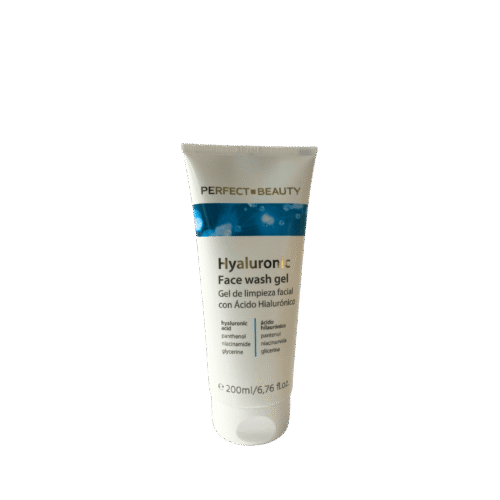 FARMONA Perfect Beauty Hyaluronic Face Wash Gel in a sleek tube, placed on a clean white background with droplets of water and hyaluronic acid molecules nearby.