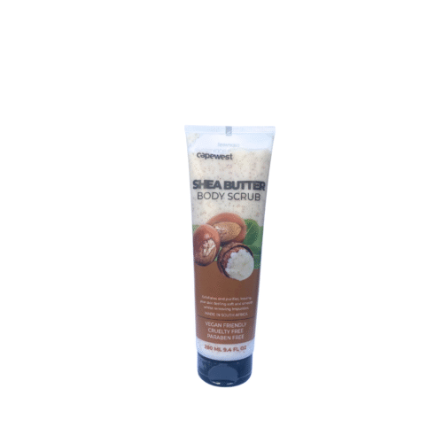 Cape West Shea Butter Body Scrub in a tube with a creamy texture for exfoliating and hydrating skin naturally.