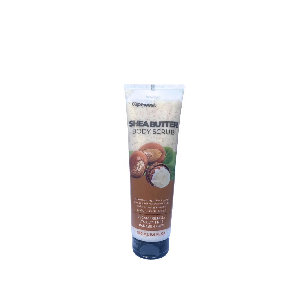 Cape West Shea Butter Body Scrub in a tube with a creamy texture for exfoliating and hydrating skin naturally.