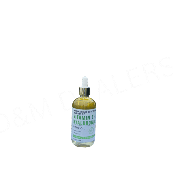 Bottle of Coconut Verbena body oil with Vitamin E and Hyaluronic Acid for soothing, hydrating skin care.