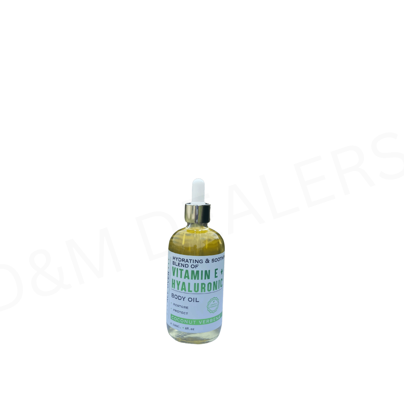 Bottle of Coconut Verbena body oil with Vitamin E and Hyaluronic Acid for soothing, hydrating skin care.