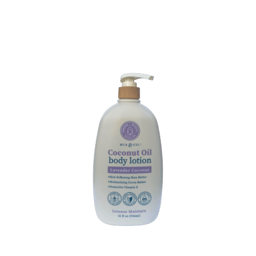 MIA & CO. Lavender Coconut Body Lotion bottle with shea butter, coconut, and lavender