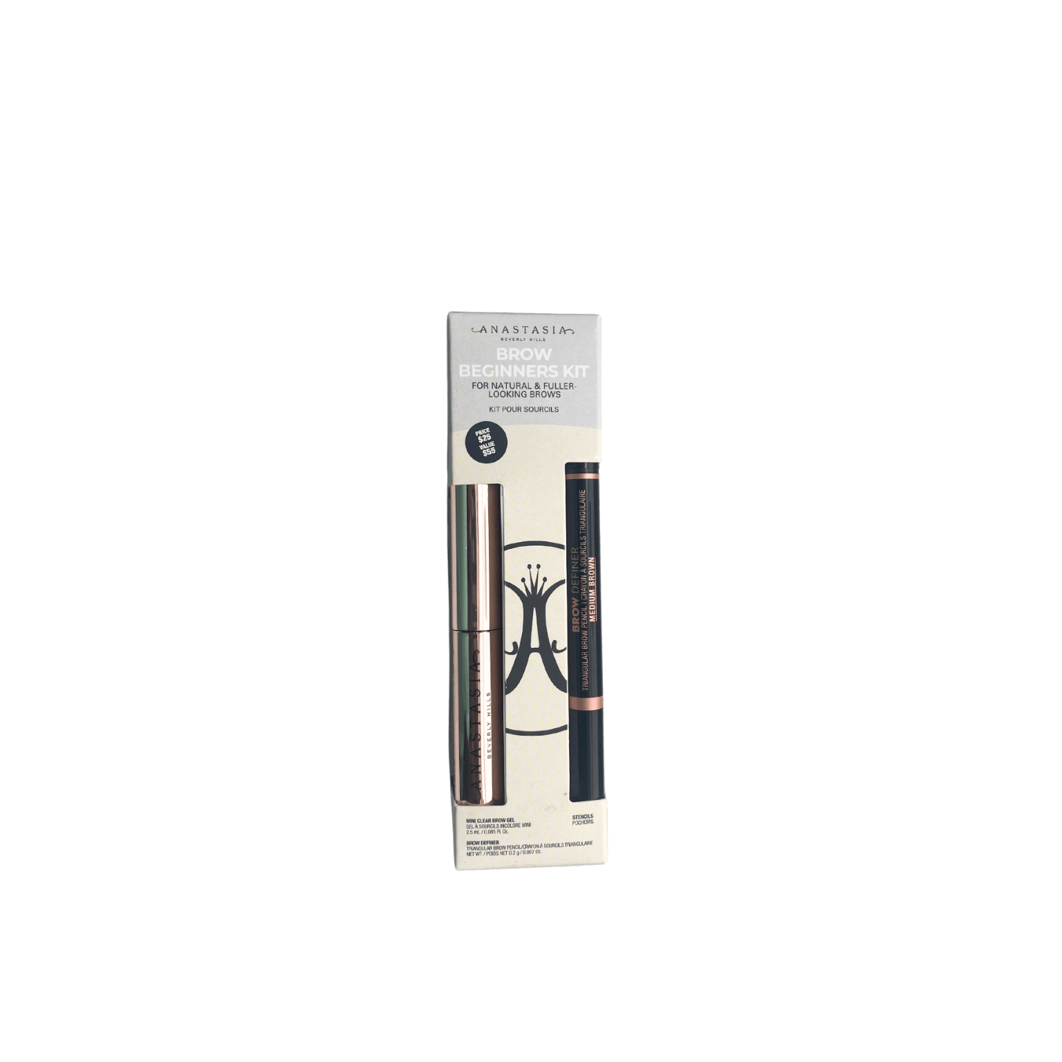 Anastasia Beverly Hills Brow Beginners Kit showing brow gel, stencil, and brow definer