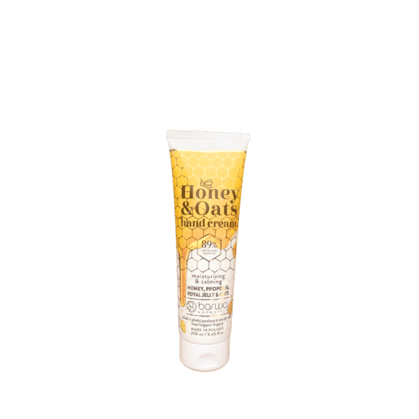 Barwa Cosmetics Honey & Oats Hand Cream – moisturizing and calming formula with honey propolis, royal jelly, and oats, made in Poland.