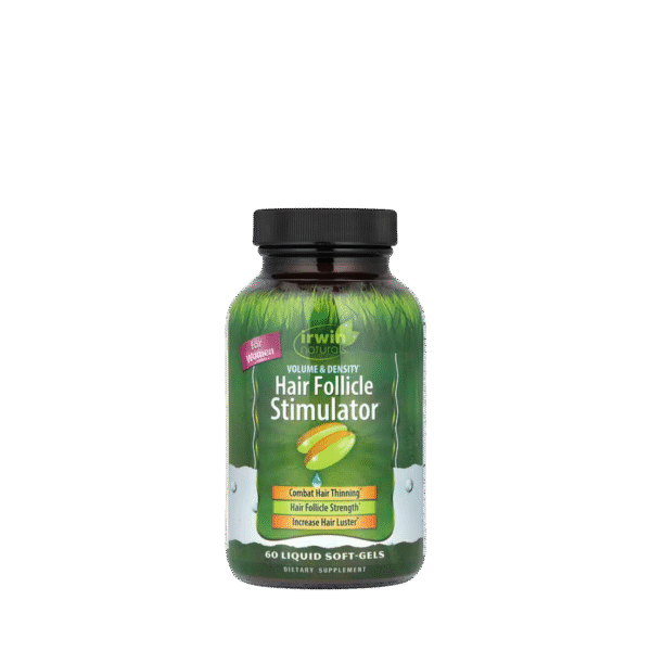 Bottle of Irwin Naturals Volume & Density Hair Follicle Stimulator for Women – 60 Liquid Soft-Gels, hair health supplement