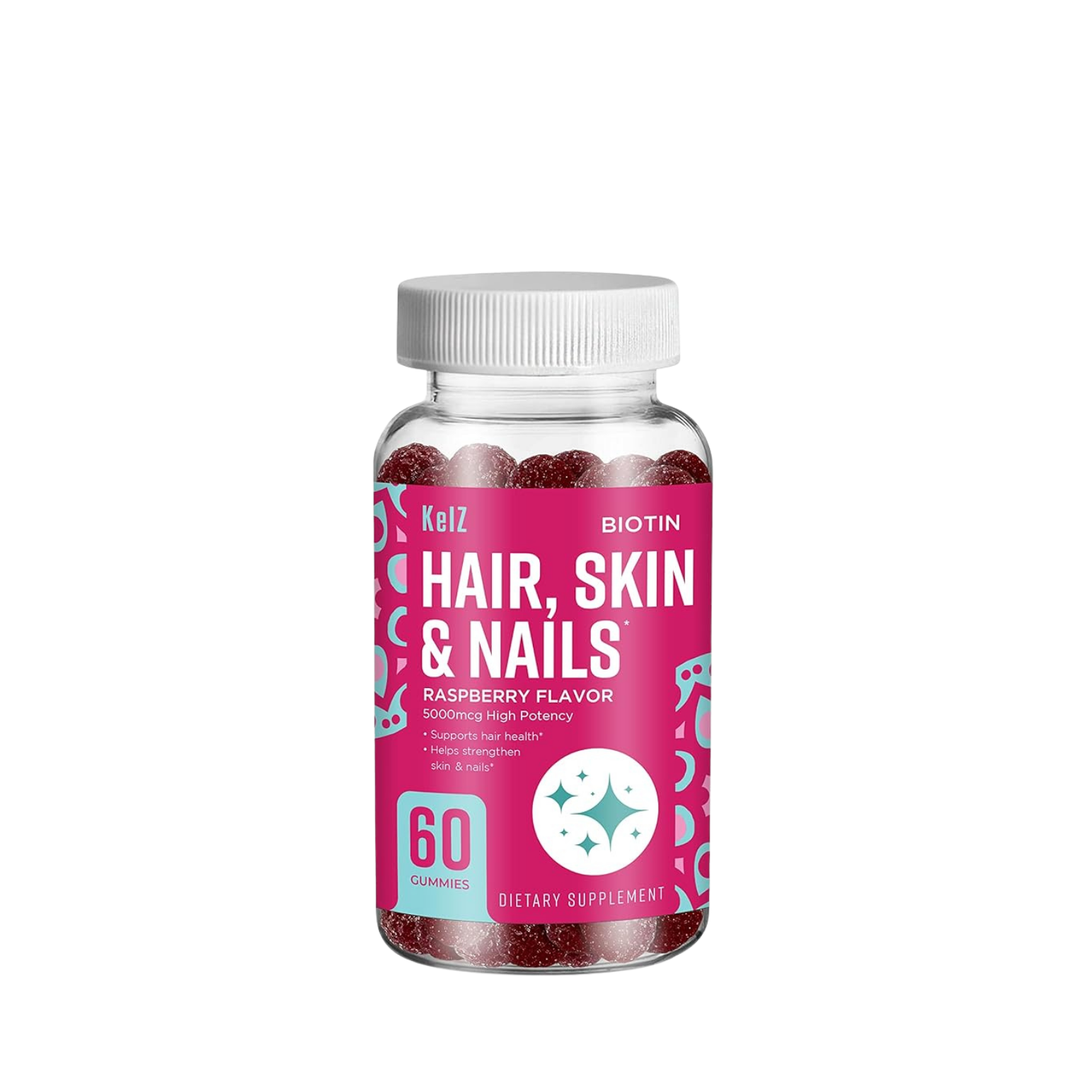 KelZ Biotin Hair, Skin & Nails Raspberry Gummies 5000mcg – 60 Count