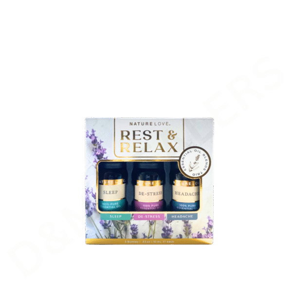 Nature Love Rest & Relax Pure Essential Oil Trio featuring Sleep, De-Stress, and Headache