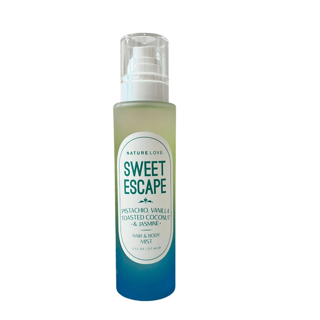 Nature Love Sweet Escape Pistachio Hair & Body Mist with pistachio, vanilla, toasted coconut, and jasmine