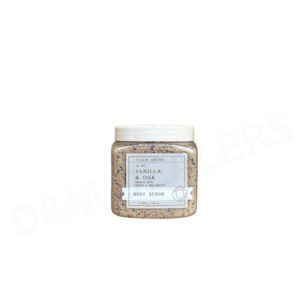 Calm Abode Vanilla & Oak Body Scrub infused with coffee and shea butter