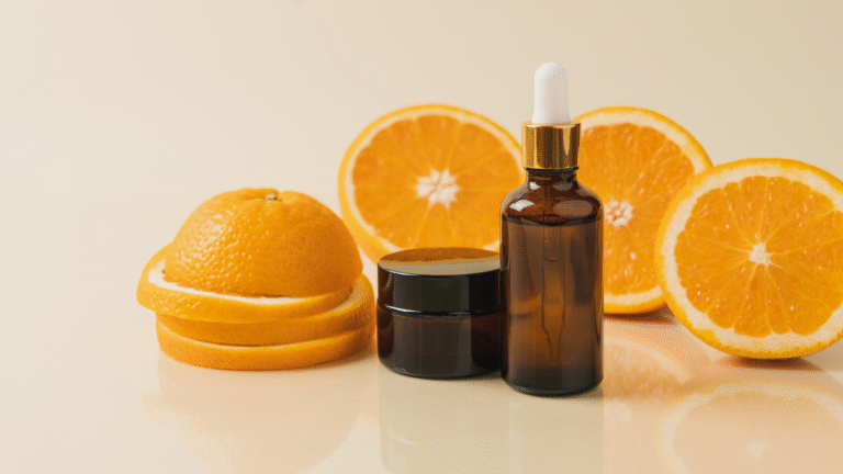 Picture showing Vitamin C serum and oranges