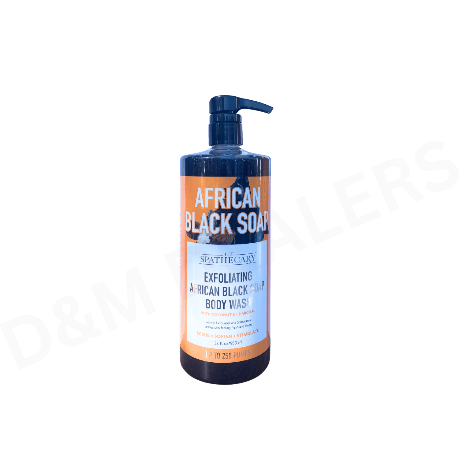 Bottle of The Spathecary Exfoliating African Black Soap Body Wash with coconut and charcoal, deep cleansing and hydrating wash.