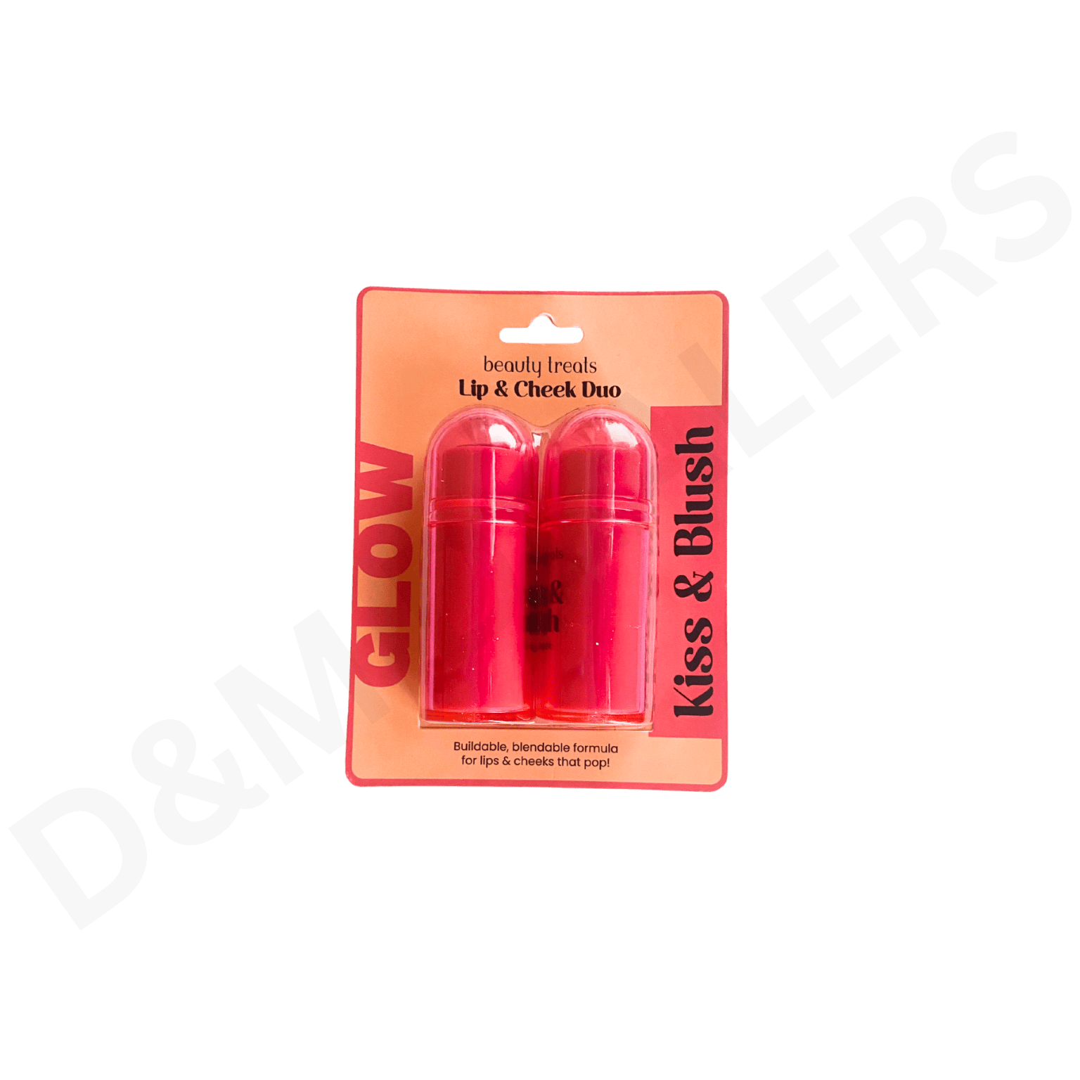 Beauty Treats Glow Kiss & Blush Lip & Cheek Duo in Bright Pink and Peachy Pink, creamy dewy formula.