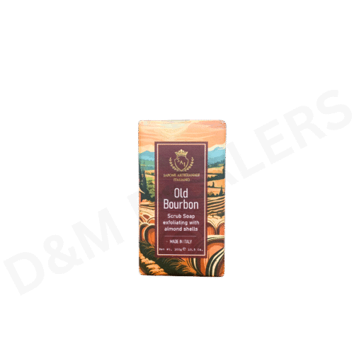 Sapone Artigianale Italiano Old Bourbon Scrub Soap Bar with almond shells and rich bourbon scent, handcrafted in Italy.