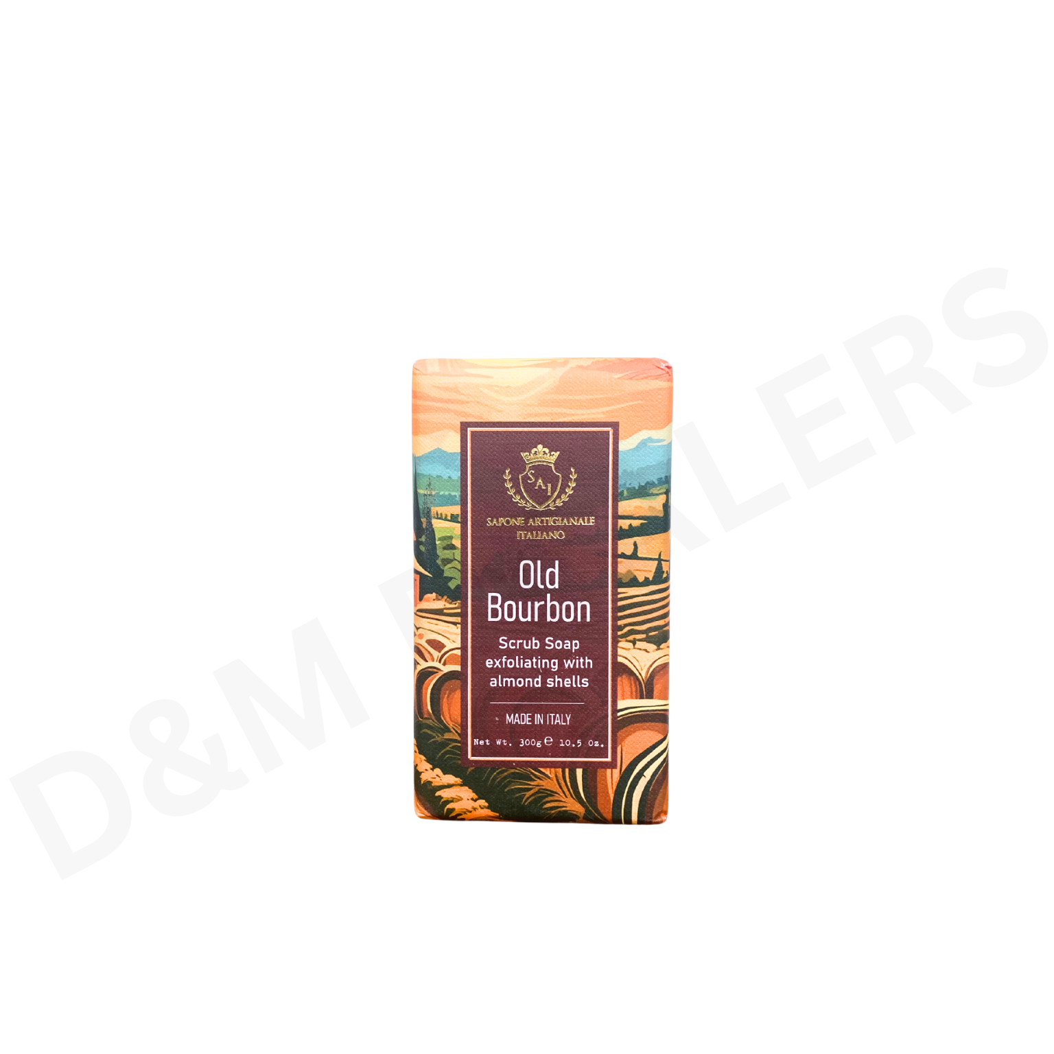 Sapone Artigianale Italiano Old Bourbon Scrub Soap Bar with almond shells and rich bourbon scent, handcrafted in Italy.