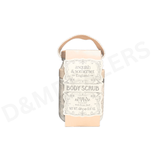 Shea butter scented body scrub with natural pecan shell exfoliators in a spa style container for smooth, glowing skin.