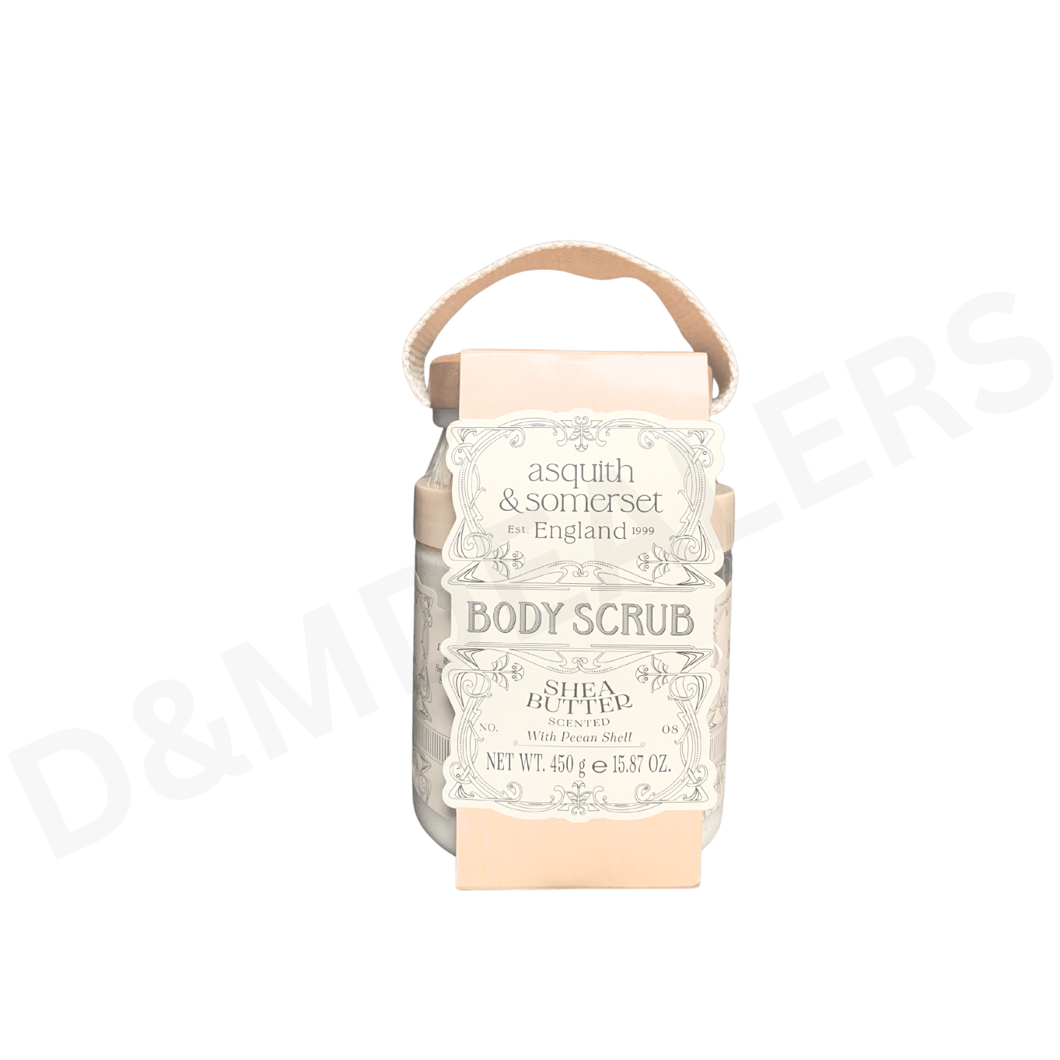 Shea butter scented body scrub with natural pecan shell exfoliators in a spa style container for smooth, glowing skin.