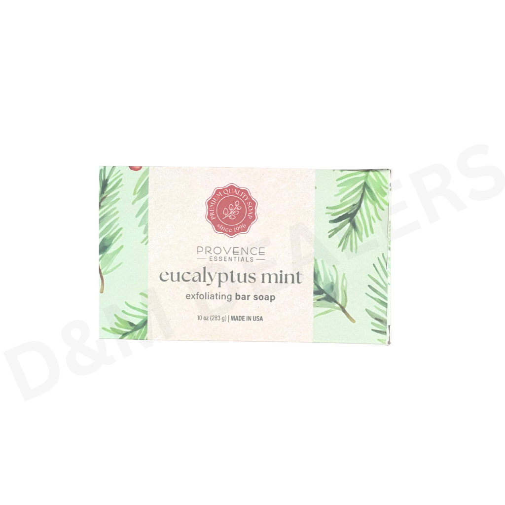 Provence Essentials Eucalyptus Mint Exfoliating Bar Soap with natural exfoliants and cooling mint-eucalyptus formula.