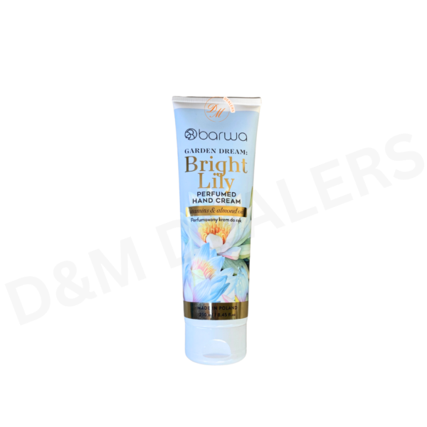 Bright lily hand cream with vitamins and almond oil to soften, hydrate, and nourish dry hands. Made in Poland.