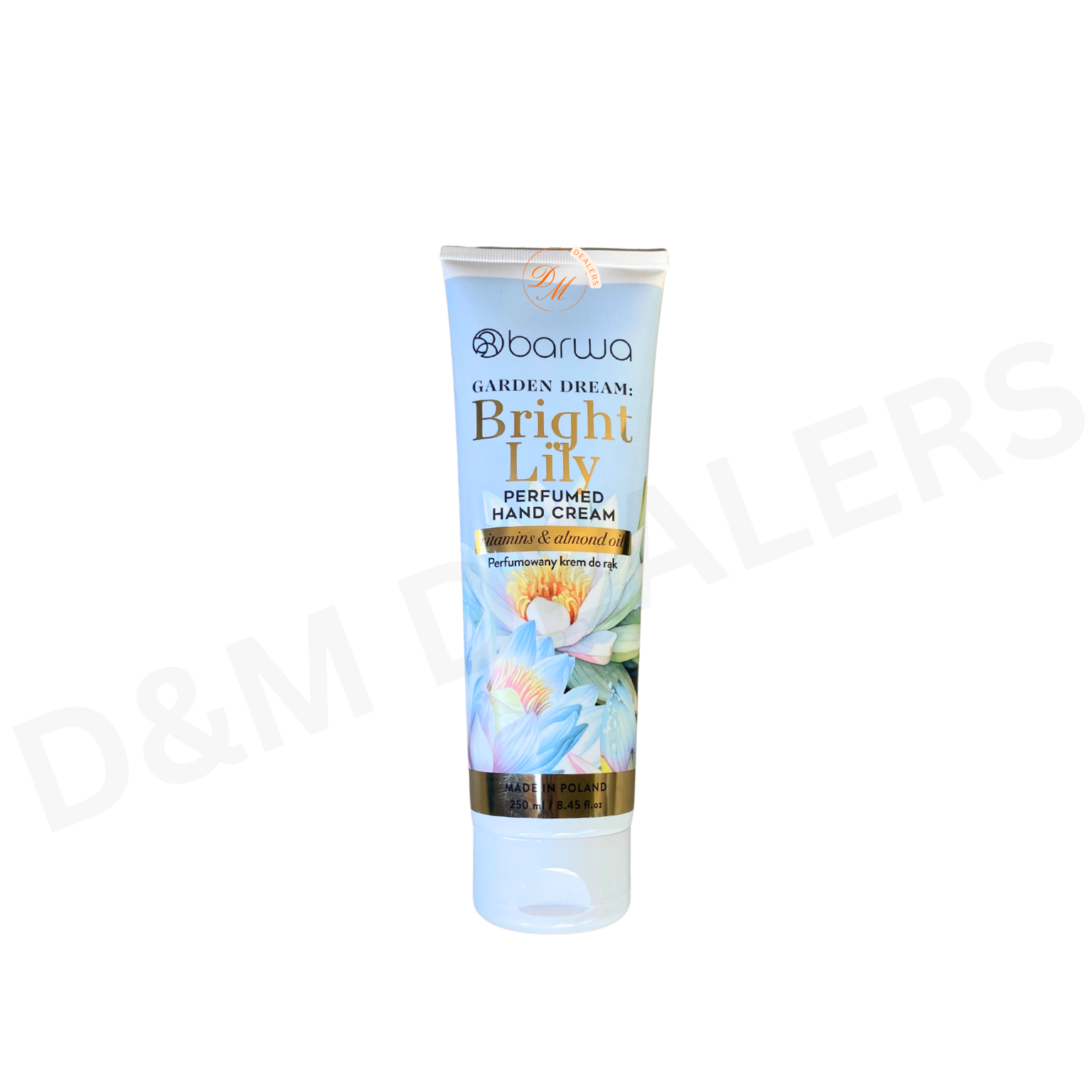 Bright lily hand cream with vitamins and almond oil to soften, hydrate, and nourish dry hands. Made in Poland.