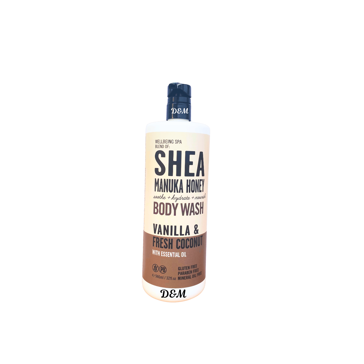 WELLBEING SPA Shea Manuka Honey Body Wash with vanilla and fresh coconut, paraben and mineral oil free.
