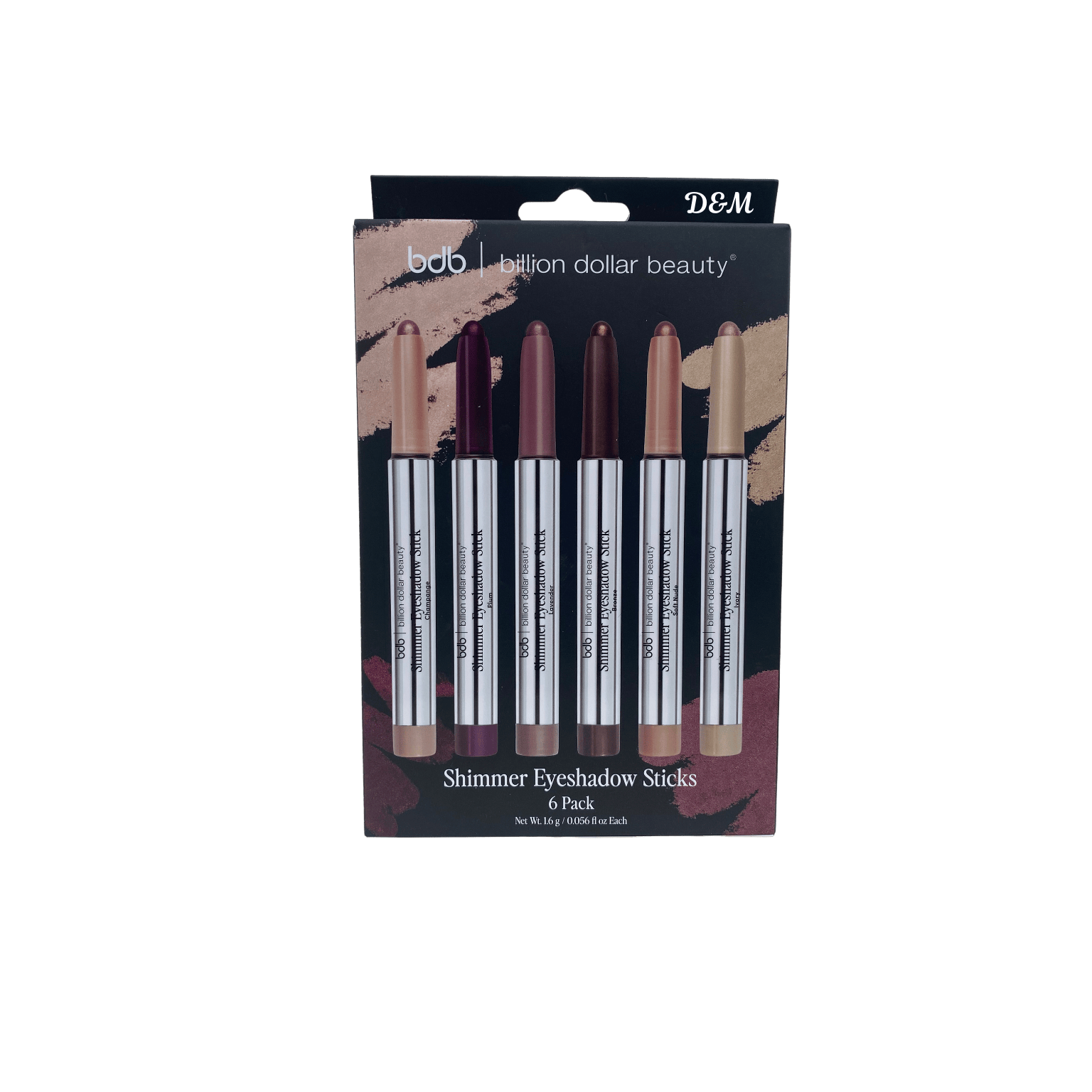 Billion Dollar Beauty shimmer eyeshadow sticks in champagne plum lavender bronze soft nude and ivory shades